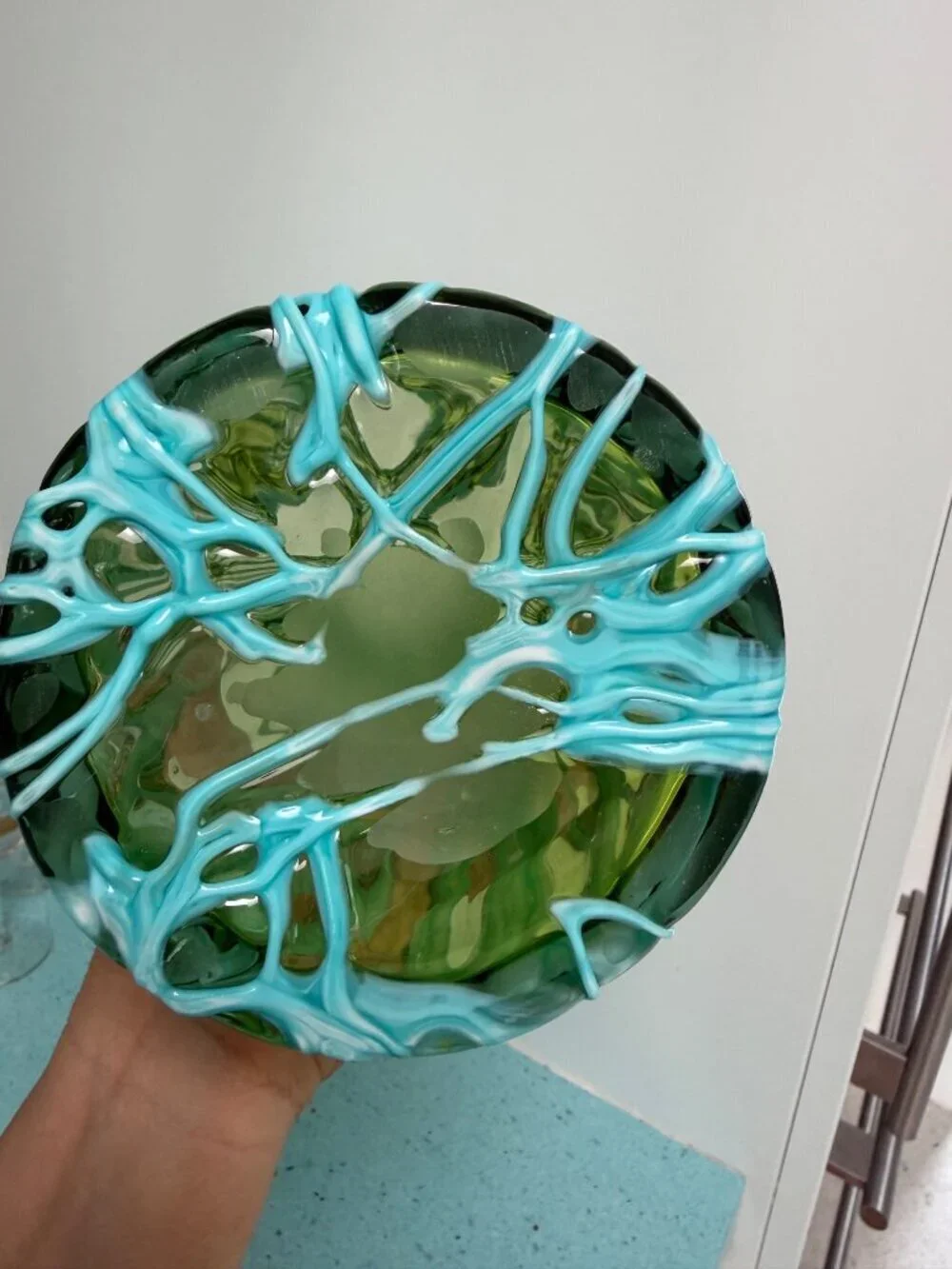 Murano Handblown Translucent Vase With Melted Threads Green Aqua Vintage